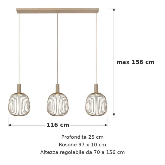 Lampadario a sospensione con 3 pendenti lineare per salotto moderno tortora