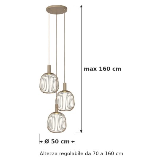 Lampadario a sospensione con 3 pendenti a grappolo per salotto moderno tortora
