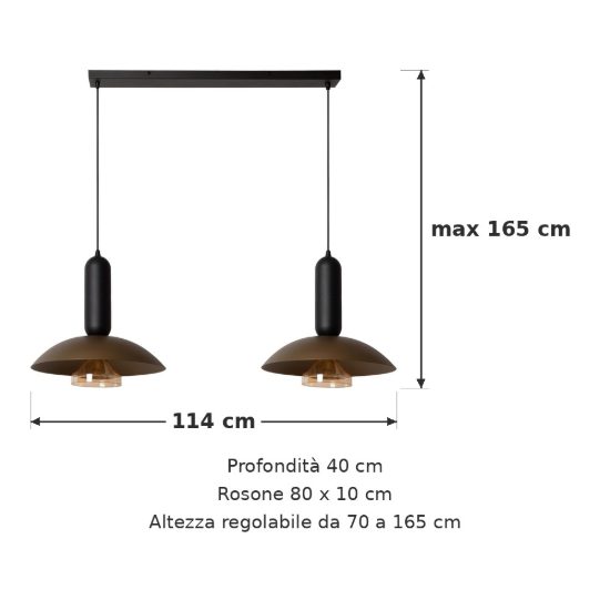Lampadario a sospensione 2 luci a calotta per cucina moderno caffe nero