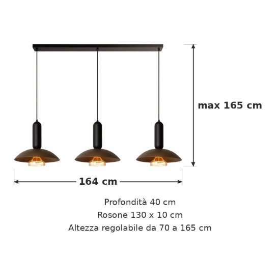 Lampadario a sospensione con 3 pendenti lineare per cucina moderno caffe nero