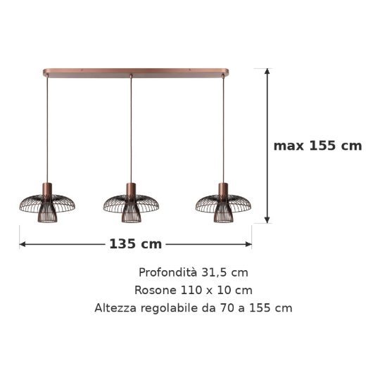 Lampadario a sospensione con 3 pendenti lineare per cucina contemporaneo caffe nero
