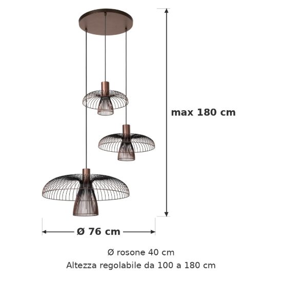 Lampadario a sospensione con 3 pendenti a cascata per cucina contemporaneo caffe nero