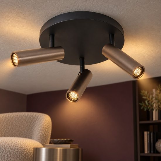 Plafoniera con 3 faretti a tubo orientabili moderna rotonda grigio ferro