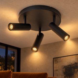 Plafoniera con 3 faretti a tubo orientabili moderna rotonda nero