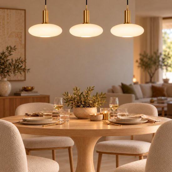 Lampadario a sospensione con 3 pendenti lineare per soggiorno contemporaneo oro opalino