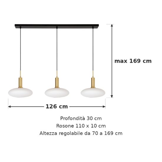 Lampadario a sospensione con 3 pendenti lineare per soggiorno contemporaneo oro opalino