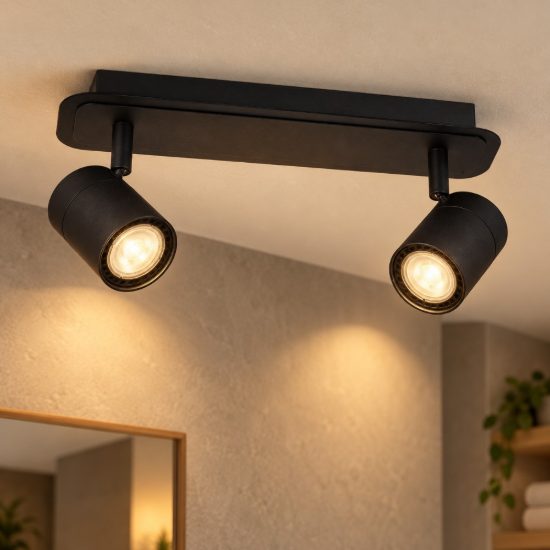 Plafoniera con 2 faretti orientabili per bagno moderna nero led 10w 3000k ip44