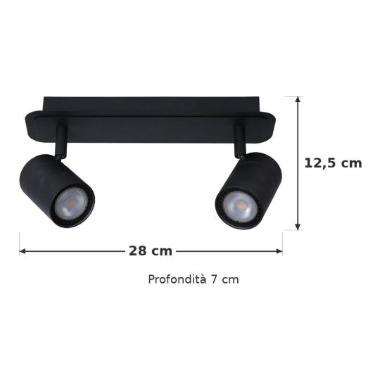 Plafoniera con 2 faretti orientabili per bagno moderna nero led 10w 3000k ip44