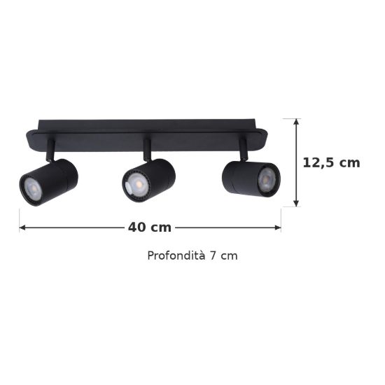 Plafoniera con 3 faretti orientabili per bagno moderna nero led 15w 3000k ip44