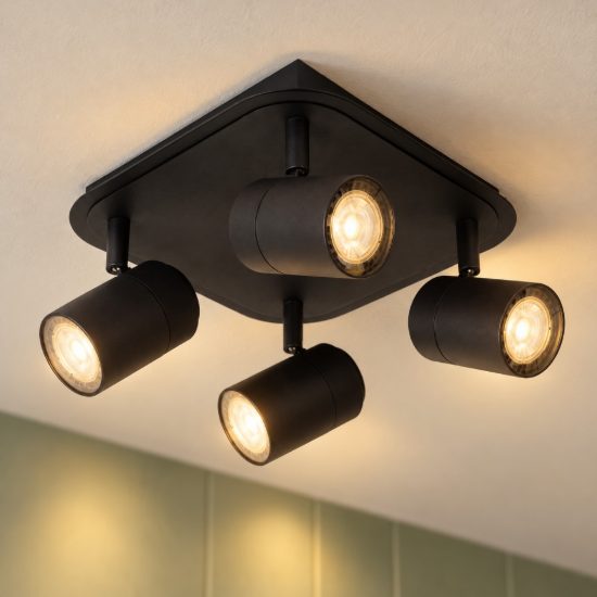 Plafoniera con 4 faretti orientabili per bagno moderna nero led 20w 3000k ip44