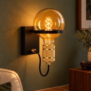 Applique per soggiorno moderna nero oro con lampadina a vista