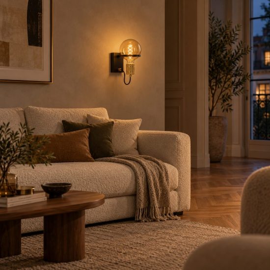 Applique per soggiorno moderna nero oro con lampadina a vista