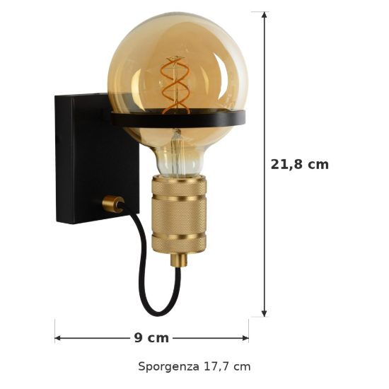 Applique per soggiorno moderna nero oro con lampadina a vista