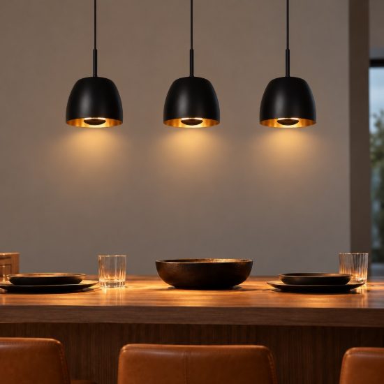 Lampadario a sospensione con 3 pendenti lineare per cucina contemporaneo nero oro