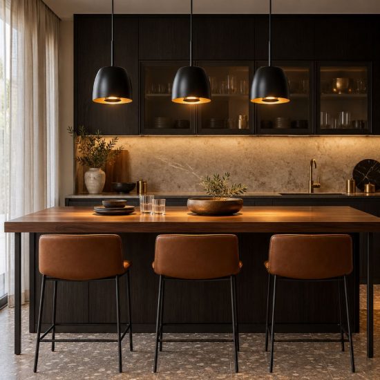 Lampadario a sospensione con 3 pendenti lineare per cucina contemporaneo nero oro