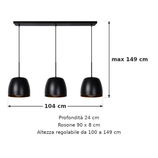 Lampadario a sospensione con 3 pendenti lineare per cucina contemporaneo nero oro
