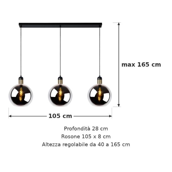 Lampadario a sospensione con 3 pendenti lineare per sala da pranzo contemporaneo fume nero