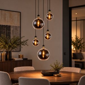 Lampadario a sospensione con 5 pendenti a cascata per sala da pranzo contemporaneo fume nero