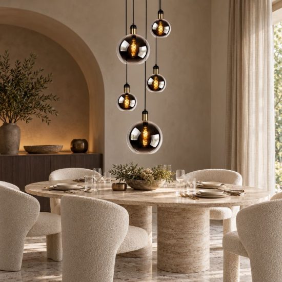 Lampadario a sospensione con 5 pendenti a cascata per sala da pranzo contemporaneo fume nero