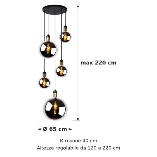 Lampadario a sospensione con 5 pendenti a cascata per sala da pranzo contemporaneo fume nero