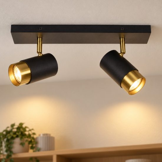 Plafoniera con 2 faretti orientabili contemporanea nero oro