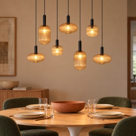Lampadario a sospensione con 7 pendenti lineare per sala da pranzo contemporaneo ambra nero