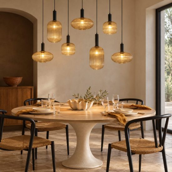 Lampadario a sospensione con 7 pendenti lineare per sala da pranzo contemporaneo ambra nero