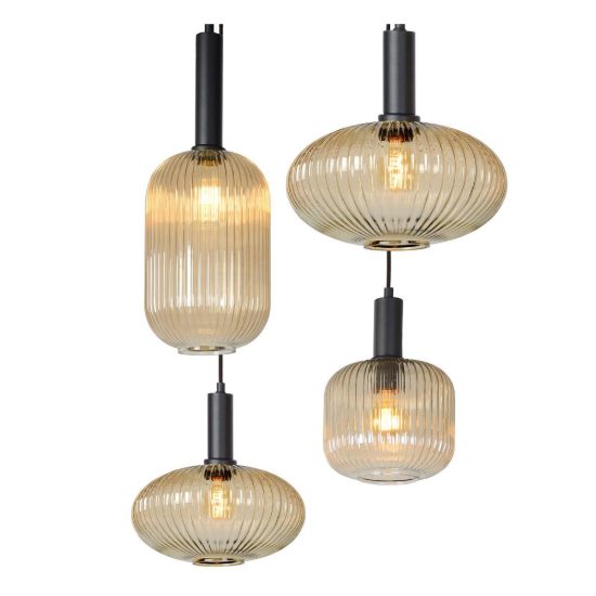 Lampadario a sospensione con 7 pendenti lineare per sala da pranzo contemporaneo ambra nero