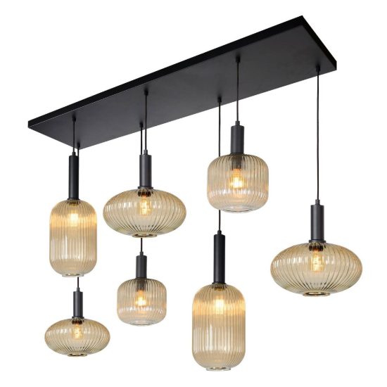 Lampadario a sospensione con 7 pendenti lineare per sala da pranzo contemporaneo ambra nero