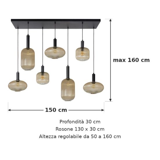 Lampadario a sospensione con 7 pendenti lineare per sala da pranzo contemporaneo ambra nero