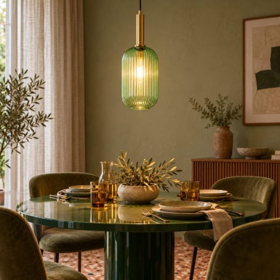 Lampada a sospensione a cilindro per sala da pranzo contemporanea verde ambra