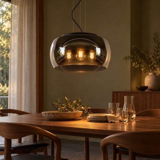 Lampadario a sospensione 3 luci piccolo a globo per sala da pranzo moderno fume nero