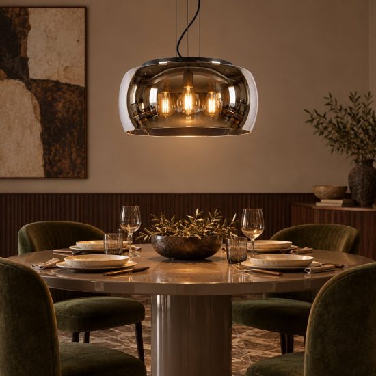 Lampadario a sospensione 3 luci grande a globo per sala da pranzo moderno fume nero