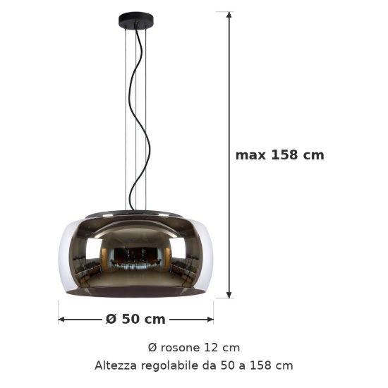 Lampadario a sospensione 3 luci grande a globo per sala da pranzo moderno fume nero