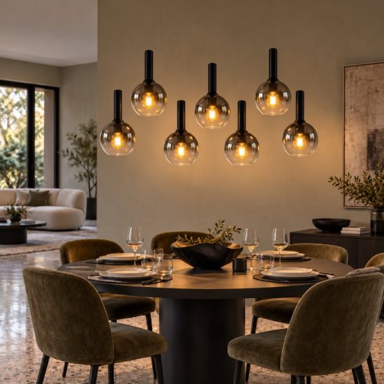 Lampadario a sospensione con 7 pendenti lineare per soggiorno moderno nero fume