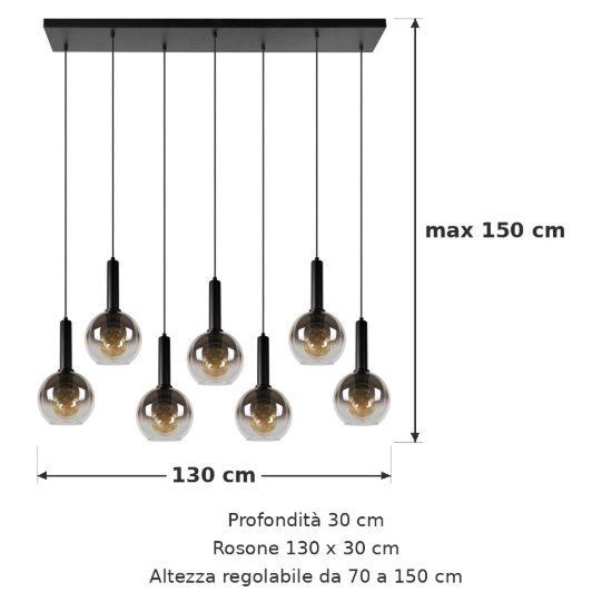 Lampadario a sospensione con 7 pendenti lineare per soggiorno moderno nero fume