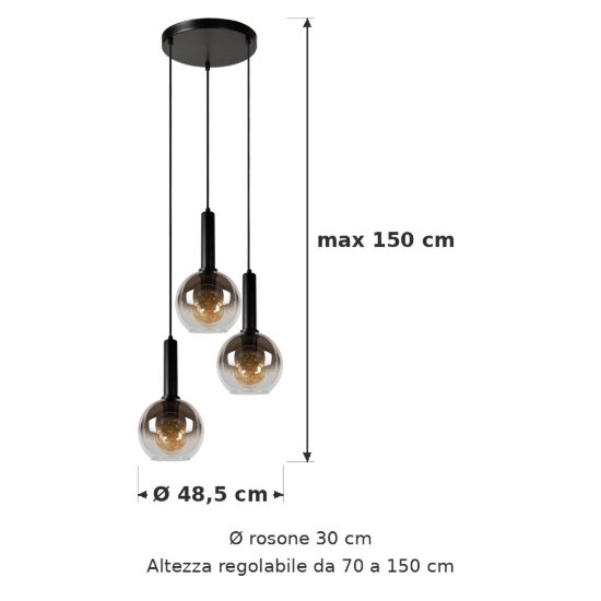 Lampadario a sospensione con 3 pendenti a cascata per soggiorno moderno nero fume