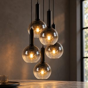 Lampadario a sospensione con 5 pendenti a grappolo per soggiorno moderno nero fume