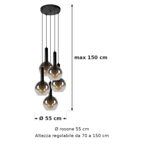 Lampadario a sospensione con 5 pendenti a grappolo per soggiorno moderno nero fume