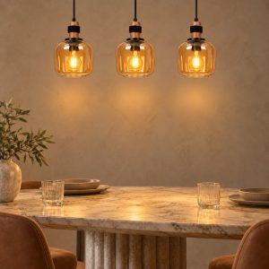 Lampadario a sospensione con 3 pendenti lineare per sala da pranzo moderno ambra nero