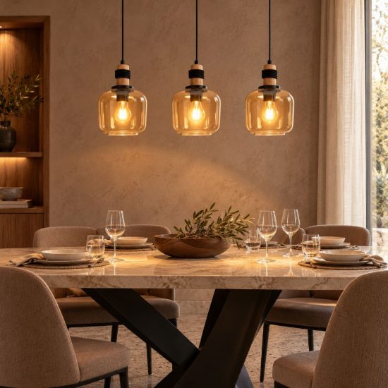 Lampadario a sospensione con 3 pendenti lineare per sala da pranzo moderno ambra nero