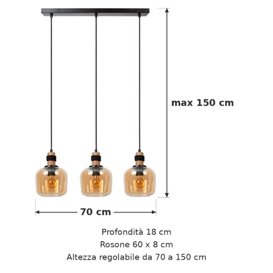 Lampadario a sospensione con 3 pendenti lineare per sala da pranzo moderno ambra nero