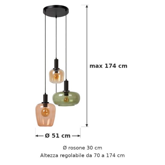 Lampadario a sospensione con 3 pendenti a cascata per sala da pranzo moderno nero multicolore