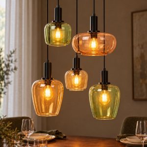 Lampadario a sospensione con 5 pendenti a grappolo per sala da pranzo moderno nero multicolore