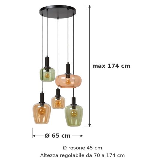 Lampadario a sospensione con 5 pendenti a grappolo per sala da pranzo moderno nero multicolore