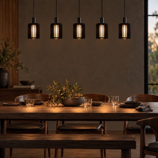 Lampadario a sospensione con 5 pendenti lineare per sala da pranzo moderno nero