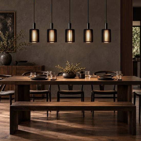 Lampadario a sospensione con 5 pendenti lineare per sala da pranzo moderno nero