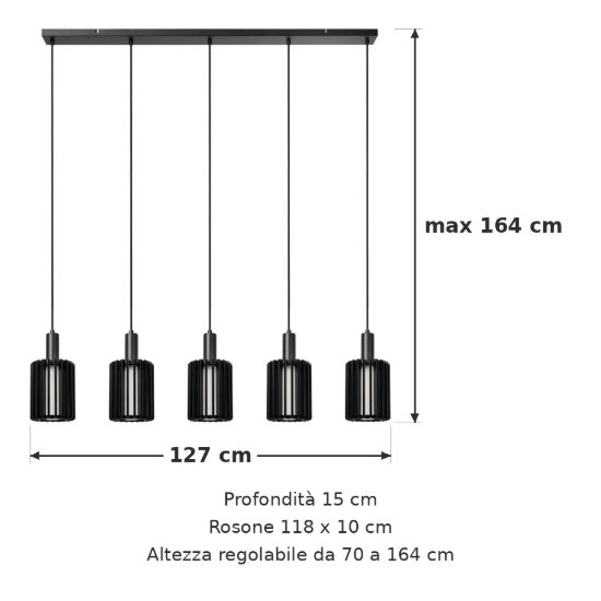 Lampadario a sospensione con 5 pendenti lineare per sala da pranzo moderno nero