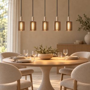 Lampadario a sospensione con 5 pendenti lineare per sala da pranzo moderno tortora
