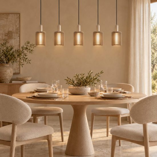 Lampadario a sospensione con 5 pendenti lineare per sala da pranzo moderno tortora